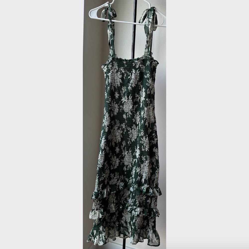 Abercrombie & Fitch Green Floral Ruffle Tie Strap Midi Dress - Size M - Picture 4 of 13